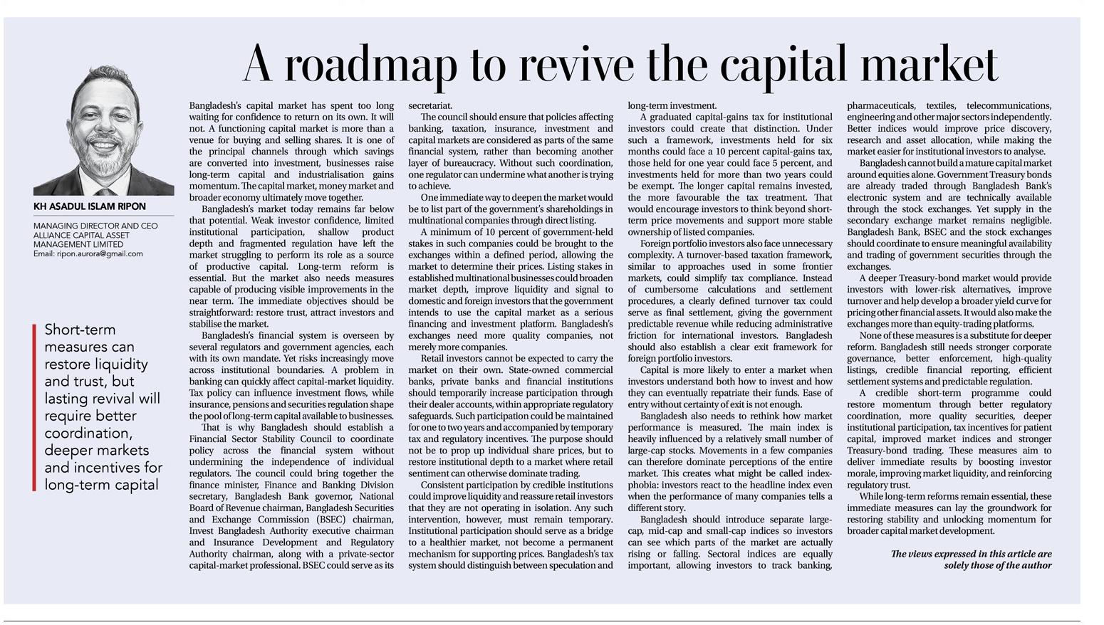 Times of Bangladesh publishes "A roadmap to revive the capital market" by Kh. Asadul Islam
